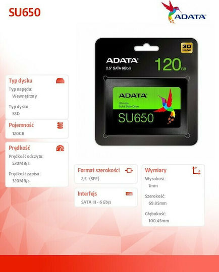 Adata Ultimate SU650 3D NAND SSD 120GB τύπου 2.5'' με σύνδεση SATA III ASU650SS-120GT-R