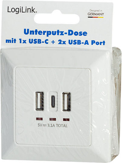 LogiLink Gemauerte Steckdose mit 3 USB-Anschlüssen Weiß
