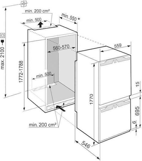 Liebherr Built-in Fridge-Freezer 253lt Total NoFrost H178.8xW57xD55cm White Plus NoFrost