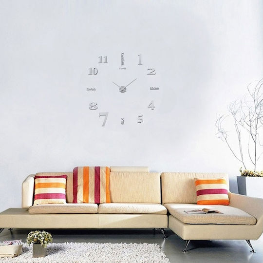 3D DIY Mirror 3D Leise Wanduhr Aufkleber Kunststoff Silber Ø60cm
