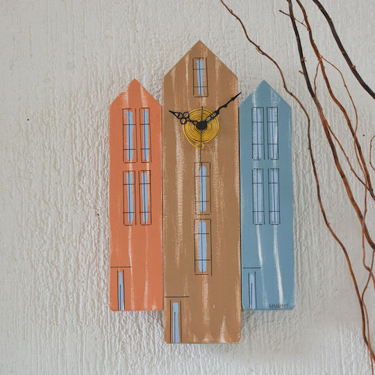 Kapadakis Wood Art Three Houses Wall Clock Wooden Multicolour 24x40cm