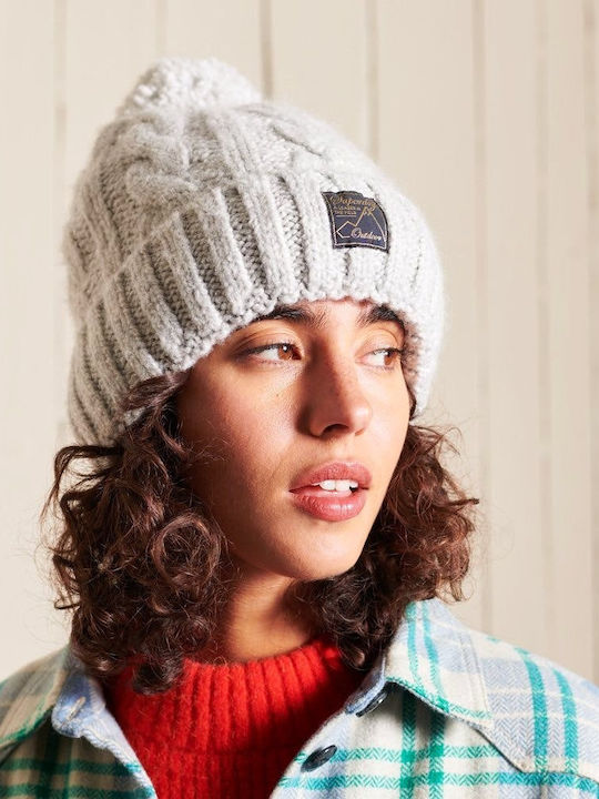 Tweed Cable Pom Pom Beanie Γυναικείος Σκούφος Πλεκτός σε Γκρι χρώμα