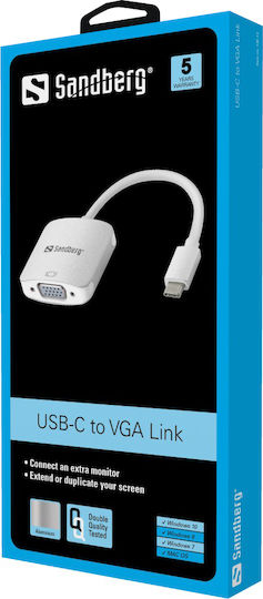 Sandberg USB-C to VGA Link Converter USB-C male to VGA female White 1pcs