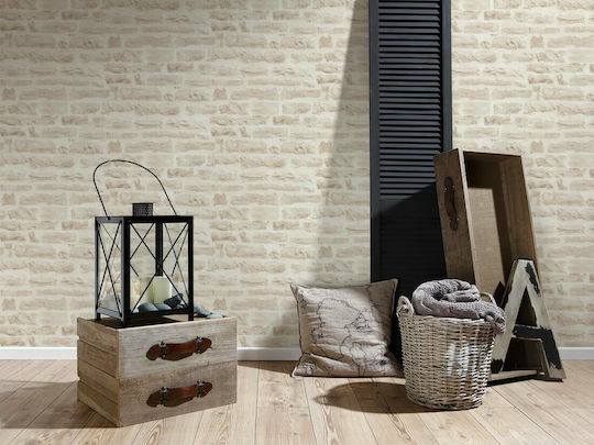 Ταπετσαρία Τοίχου Wood Stone Βινυλίου Μπεζ 1000x53cm Πλενόμενη