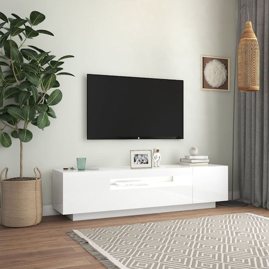 TV Stand Wooden with LED Lighting Glossy White L160xW35xH40cm