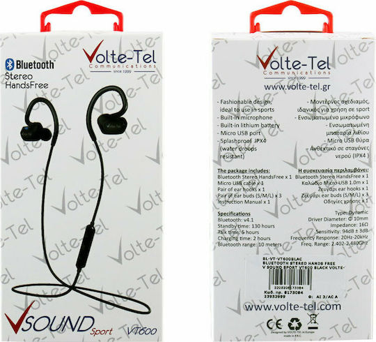 Volte-Tel VT600 In-ear Bluetooth Handsfree Ακουστικά με Αντοχή στον Ιδρώτα Μαύρα