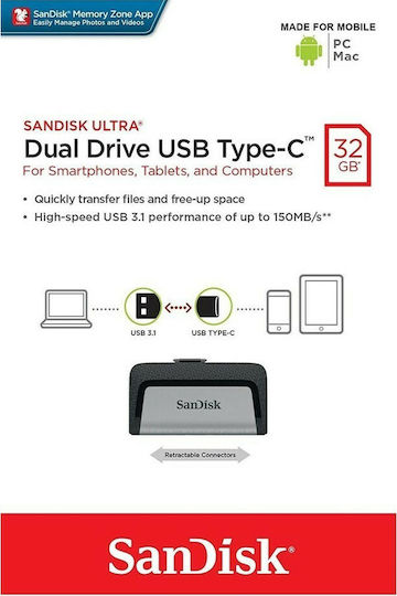 Sandisk Ultra Dual Drive 32GB USB 3.1 Стик с връзка USB-A & USB-C Бял