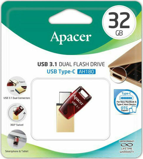 Apacer AH180 32GB USB 3.1 Stick with connection USB-A & USB-C Red