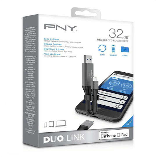 PNY Duo-Link 3.0 Cable Design 32GB USB 3.0 Stick mit Verbindung Blitzschlag & USB-A Gray