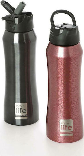 Ecolife Interior Recyclable Bottle Thermos Stainless Steel BPA Free 550ml Black with Mouthpiece and Straw