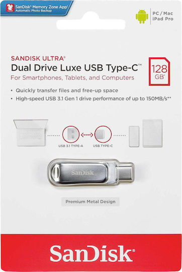 Sandisk Ultra Dual Drive Luxe 128GB USB 3.1 Стик с връзка USB-C & USB-A Сребрист
