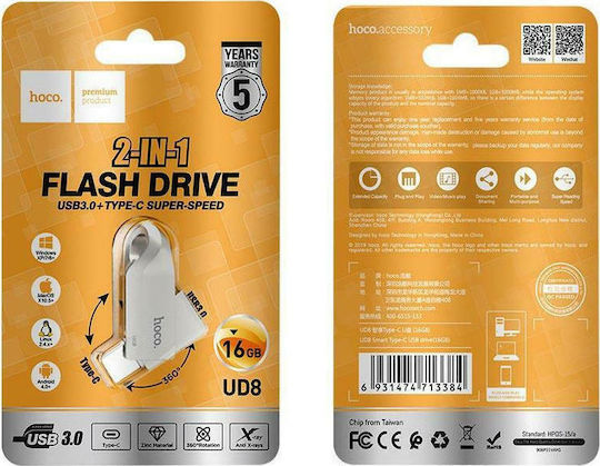 Hoco UD8 Insightful 16GB USB 3.0 Stick cu conexiune USB-C Argint
