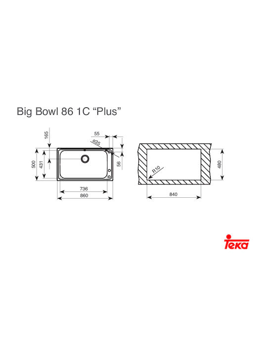 Teka Big Bowl 86 1C (Bahia) Ένθετος Νεροχύτης Inox Σατινέ Μ86xΠ50cm Ασημί