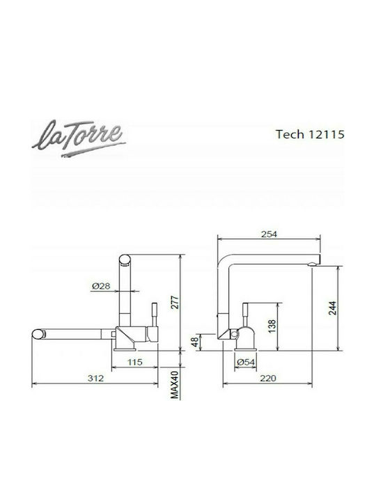 La Torre Tech 12115 Μπαταρία Κουζίνας Πάγκου Σπαστή Ασημί