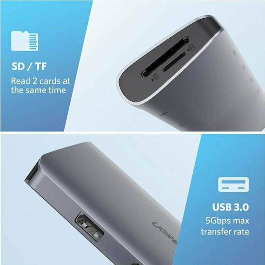 Ugreen USB-C Docking Station with 4K PD Ethernet and Support for 2 Monitors Gray (40873)