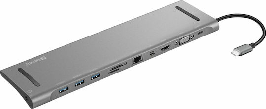 Sandberg USB-C Докинг Станция с HDMI/DisplayPort 4K PD Ethernet и Свързване на 2 Монитора Сребриста (136-23)