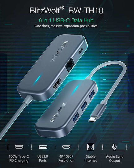 BlitzWolf BW-TH10 USB-C Docking Station with HDMI 4K PD Ethernet Gray