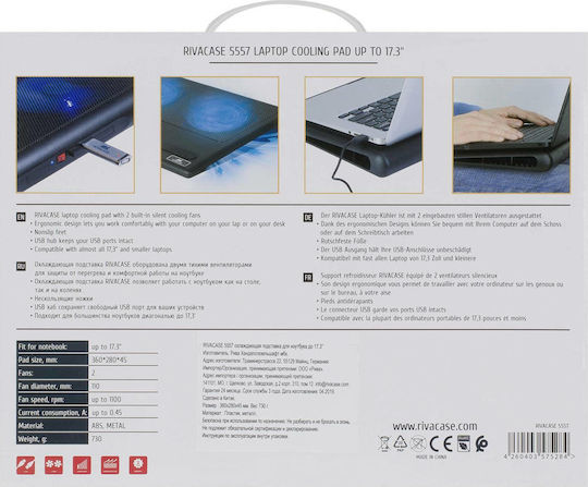 Rivacase Cooling Pad για Laptop έως 17.3" με 2 Ανεμιστήρες και Φωτισμό (5557)