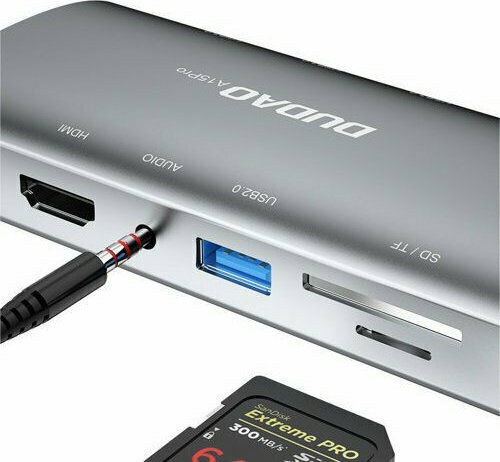 Dudao A15Pro USB-C Докинг Станция с HDMI 4K PD Ethernet и Свързване на 2 Монитора Сива