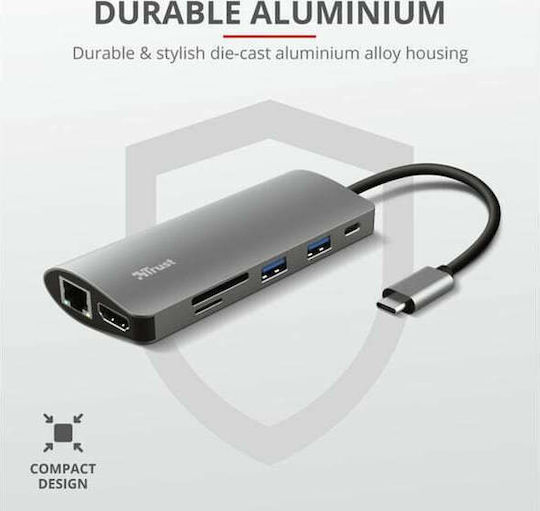 Trust Dalyx 7-in-1 USB-C Docking Station mit HDMI 4K PD Ethernet Silber
