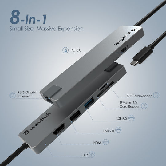 Wavlink USB-C Stație de andocare cu HDMI 4K PD Ethernet Gri (WL-UHP3409)