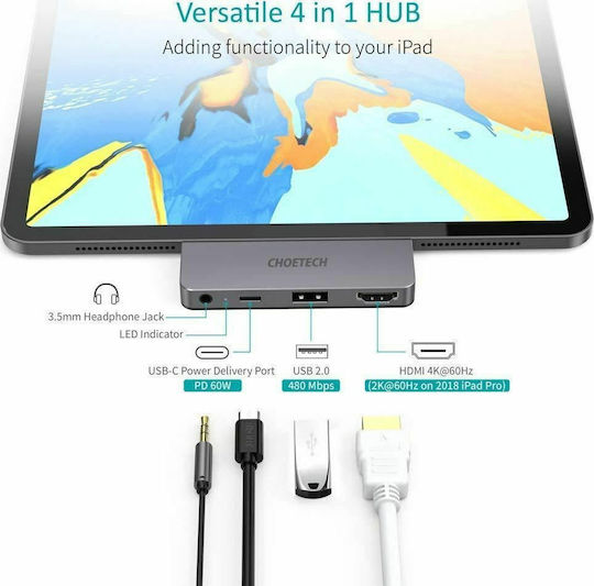 Choetech HUB-M13 USB-C Docking Station με HDMI 4K PD Γκρι