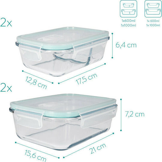 Navaris Cutie pentru Mâncare Sticlă Albastru Potrivit pentru Cuptor cu Microunde 4buc