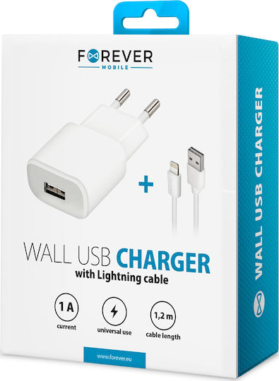 Forever Ladegerät mit USB-A Anschluss und Kabel Blitzschlag Weißs (TC-01 2Α)