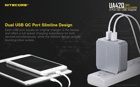 NiteCore Charger Without Cable with 2 USB-A Ports Quick Charge 3.0 Whites (UA42Q)