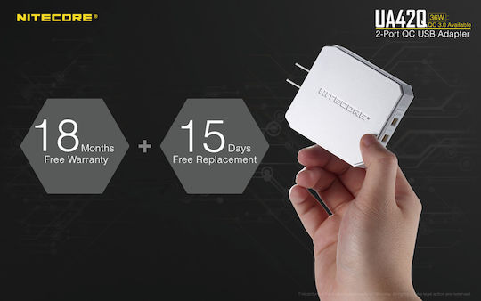 NiteCore Charger Without Cable with 2 USB-A Ports Quick Charge 3.0 Whites (UA42Q)
