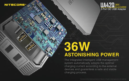NiteCore Charger Without Cable with 2 USB-A Ports Quick Charge 3.0 Whites (UA42Q)