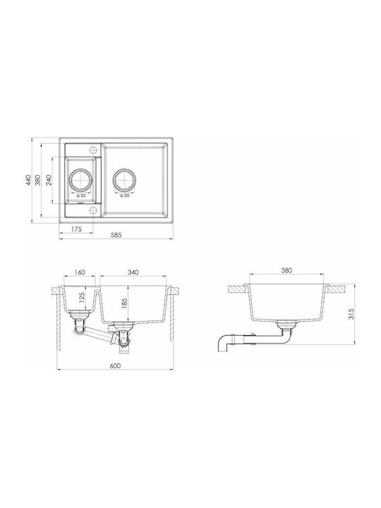 vidaXL Drop-In Sink Left Synthetic Granite W58xD44cm Beige