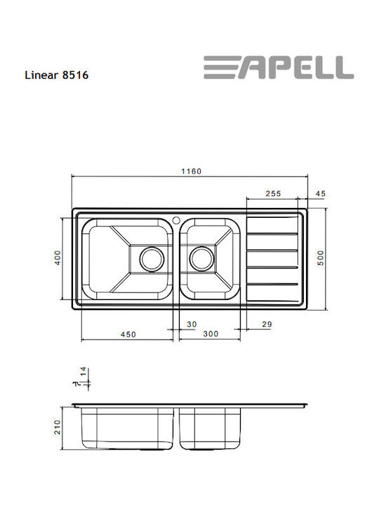 Apell Linear 8516 Ένθετος Νεροχύτης Αριστερός Inox Σατινέ Μ116xΠ50cm Ασημί