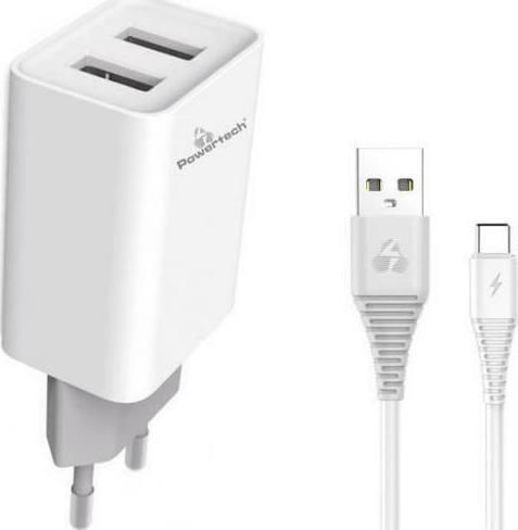 Powertech Φορτιστής με 2 Θύρες USB-A και Καλώδιο micro USB Λευκός (PT-775)