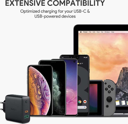 Aukey Φορτιστής Χωρίς Καλώδιο με Θύρα USB-A και Θύρα USB-C 60W Power Delivery Μαύρος (PA-D3)