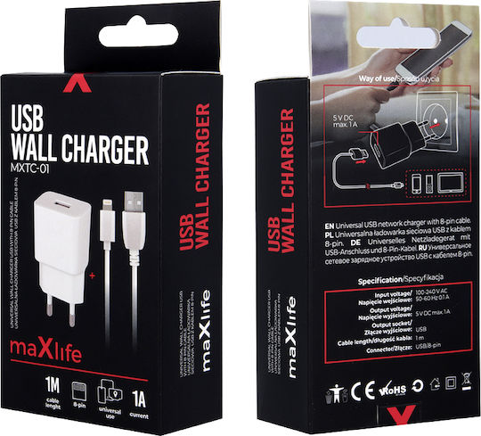 Maxlife Încărcător cu Port USB-A și Cablu Lightning Albς (MXTC-01)