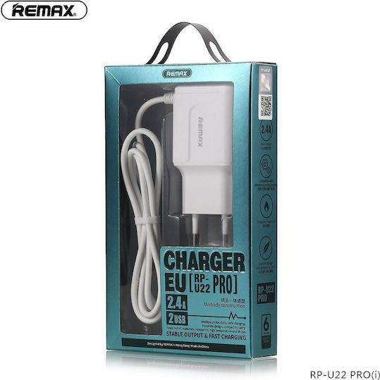 Remax Φορτιστής με 2 Θύρες USB-A και Καλώδιο Lightning Λευκός (RP-U22)