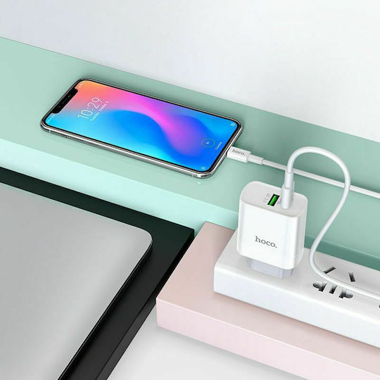 Hoco Φορτιστής με Θύρα USB-A και Θύρα USB-C και Καλώδιο USB-C - USB-C 18W Quick Charge 3.0 / Power Delivery Λευκός (C80A Rapido)
