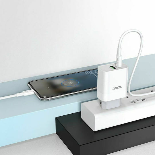 Hoco Φορτιστής με Θύρα USB-A και Θύρα USB-C και Καλώδιο USB-C - USB-C 18W Quick Charge 3.0 / Power Delivery Λευκός (C80A Rapido)