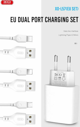 XO Charger with 2 USB-A Ports and Cable micro USB Whites (L57)