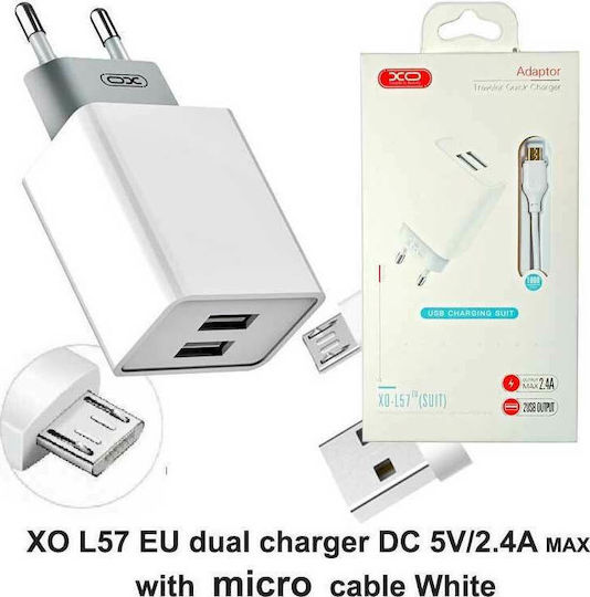 XO Charger with 2 USB-A Ports and Cable micro USB Whites (L57)