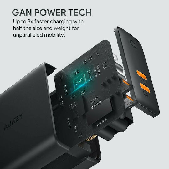 Aukey Φορτιστής Χωρίς Καλώδιο με 2 Θύρες USB-C 65W Power Delivery Μαύρος (PA-B4)