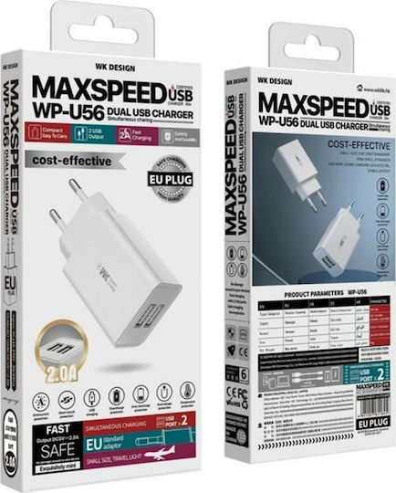 WK Φορτιστής με 2 Θύρες USB-A και Καλώδιο Lightning Λευκός (WP-U56)