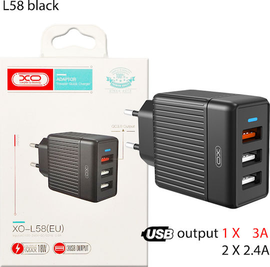 XO mit 3 USB-A Anschlüssen 18W Schnellaufladung 3.0 Schwarz (L58)