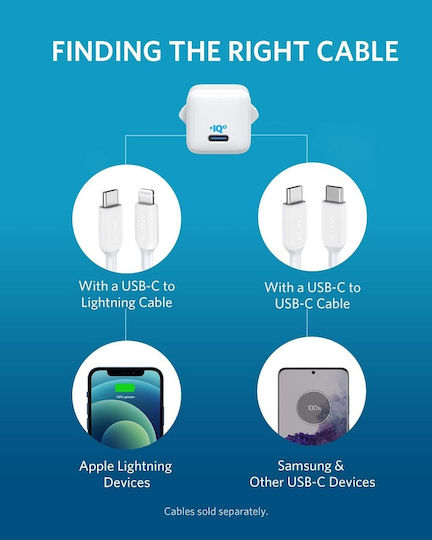 Anker Φορτιστής Χωρίς Καλώδιο με Θύρα USB-C 20W Power Delivery Λευκός (PowerPort III Nano)