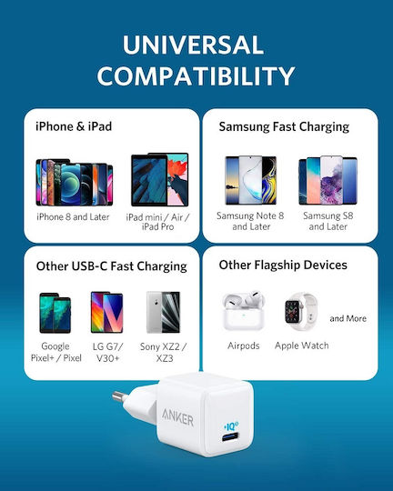 Anker Φορτιστής Χωρίς Καλώδιο με Θύρα USB-C 20W Power Delivery Λευκός (PowerPort III Nano)