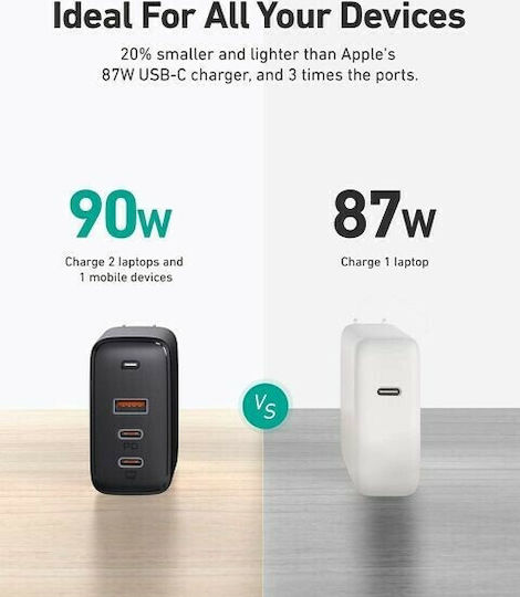Aukey GaN Wireless Charger with USB-A Port and 2 USB-C Output Ports 90W Power Delivery Black