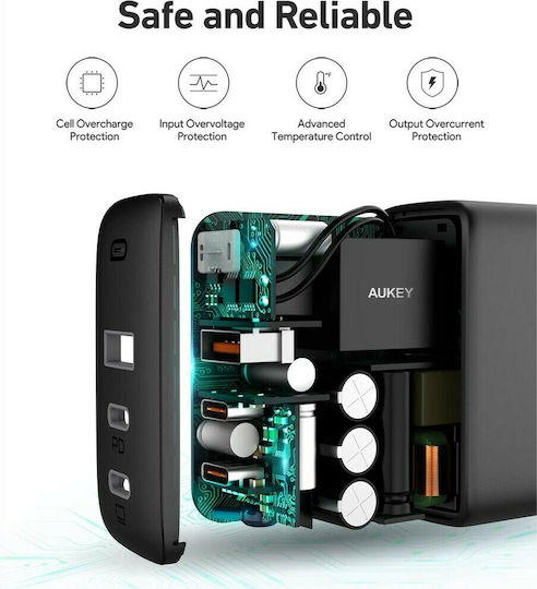 Aukey GaN Wireless Charger with USB-A Port and 2 USB-C Output Ports 90W Power Delivery Black