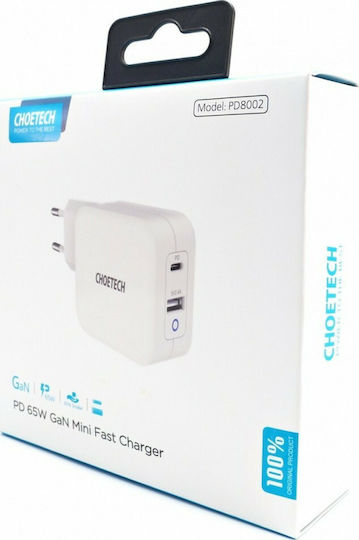 Choetech GaN Kabelloser Handyladegerät mit USB-A und USB-C Ausgangsanschlüssen Weiß (PD8002)
