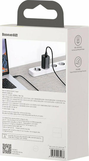 Baseus Ladegerät ohne Kabel GaN mit USB-A Anschluss und USB-C Anschluss 65W Schnellaufladung 3.0 Schwarzs (CCGAN2L-B01)
